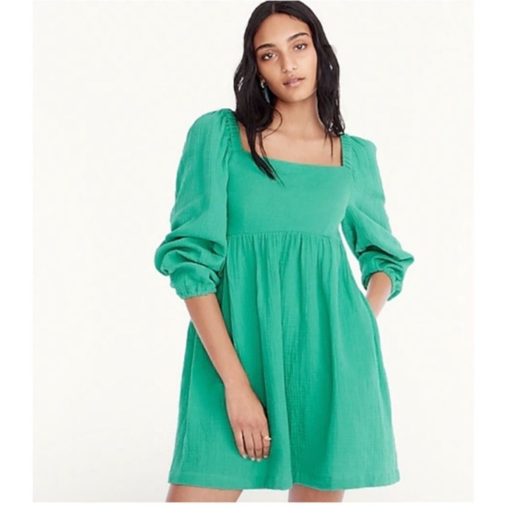 J. Crew Squareneck Puff Sleeve Soft Gauze Leaf Green Dress w Pockets Size Medium